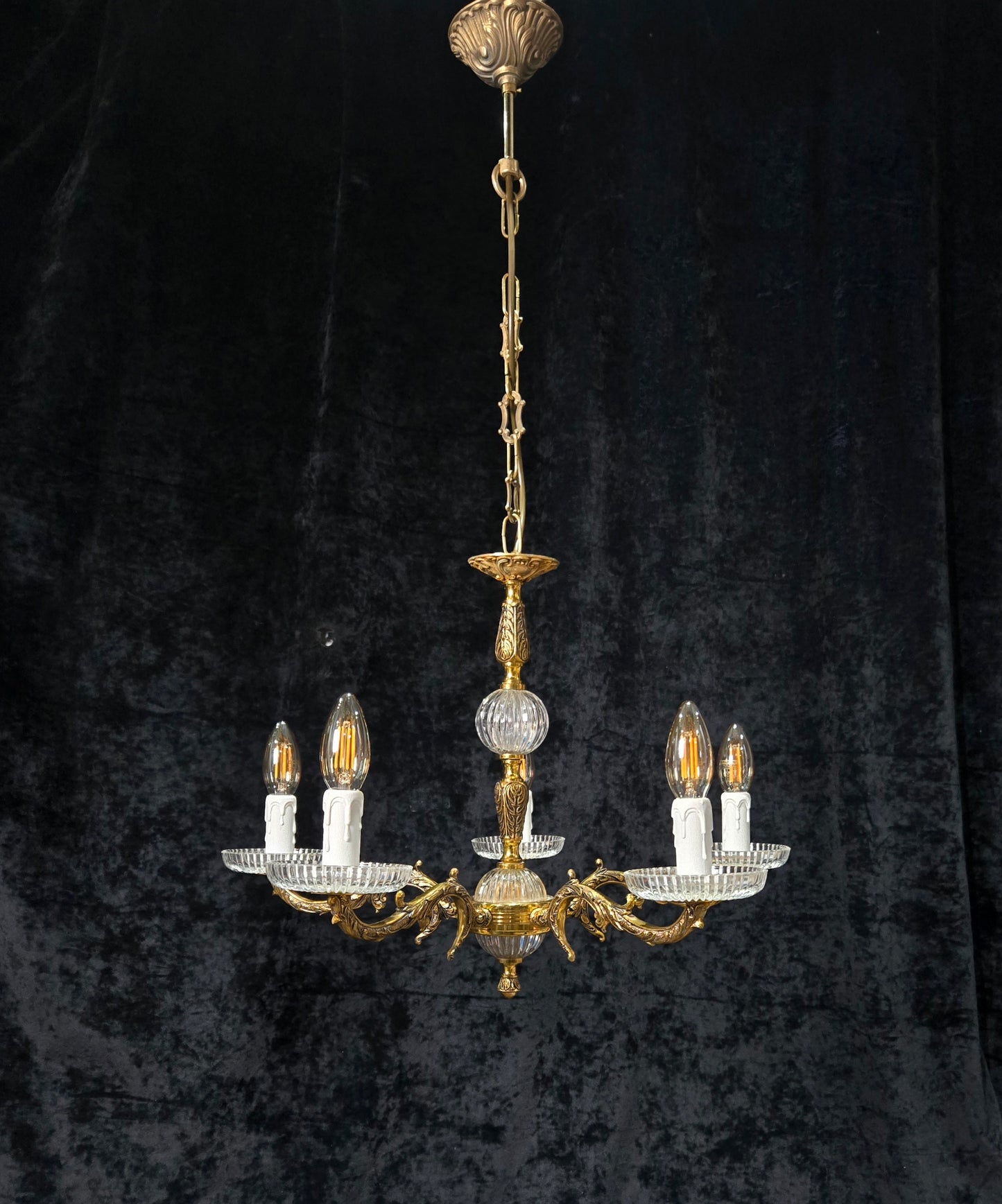 Classical Vintage 5 Arm Brass and Glass Chandelier Ceiling Light