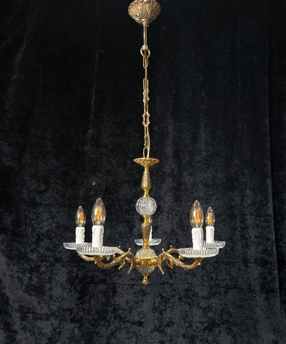 Classical Vintage 5 Arm Brass and Glass Chandelier Ceiling Light