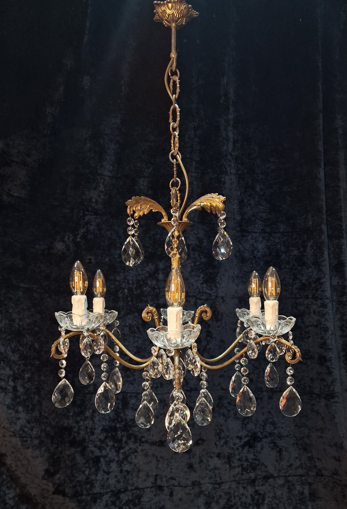 Fabulous Antique French 6 Arm Heavy Brass Crystal Leaf Chandelier Ceiling Light