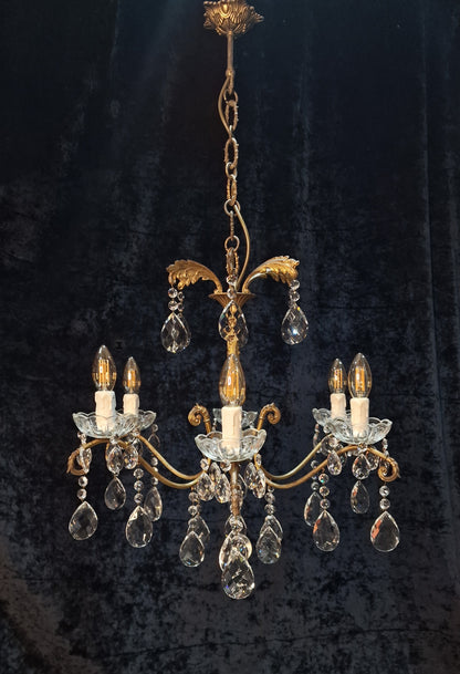 Fabulous Antique French 6 Arm Heavy Brass Crystal Leaf Chandelier Ceiling Light