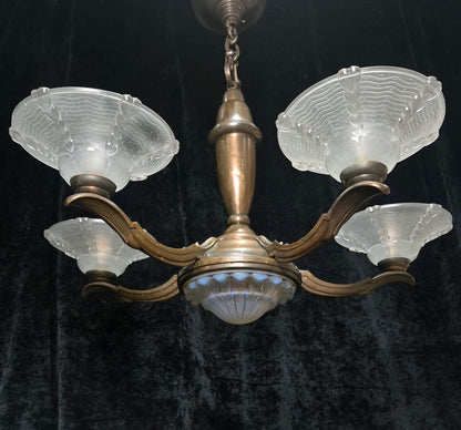 Large Antique French EZAN Art Deco 5 Arm 6 Light Brass Heavy Chandelier Light