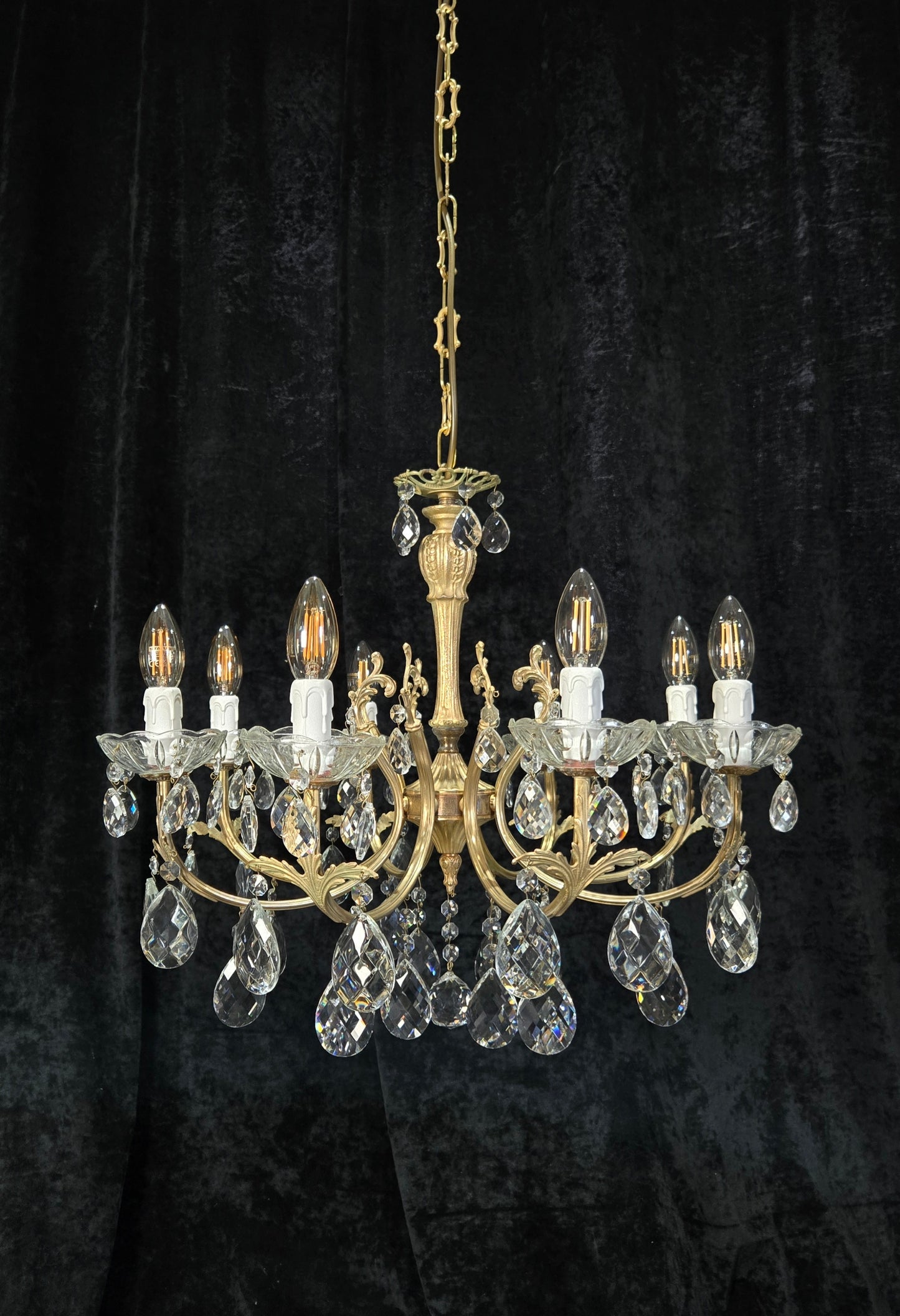 Elegant Vintage Italian 8 Arm Brass Crystal Leaf Chandelier Ceiling Light