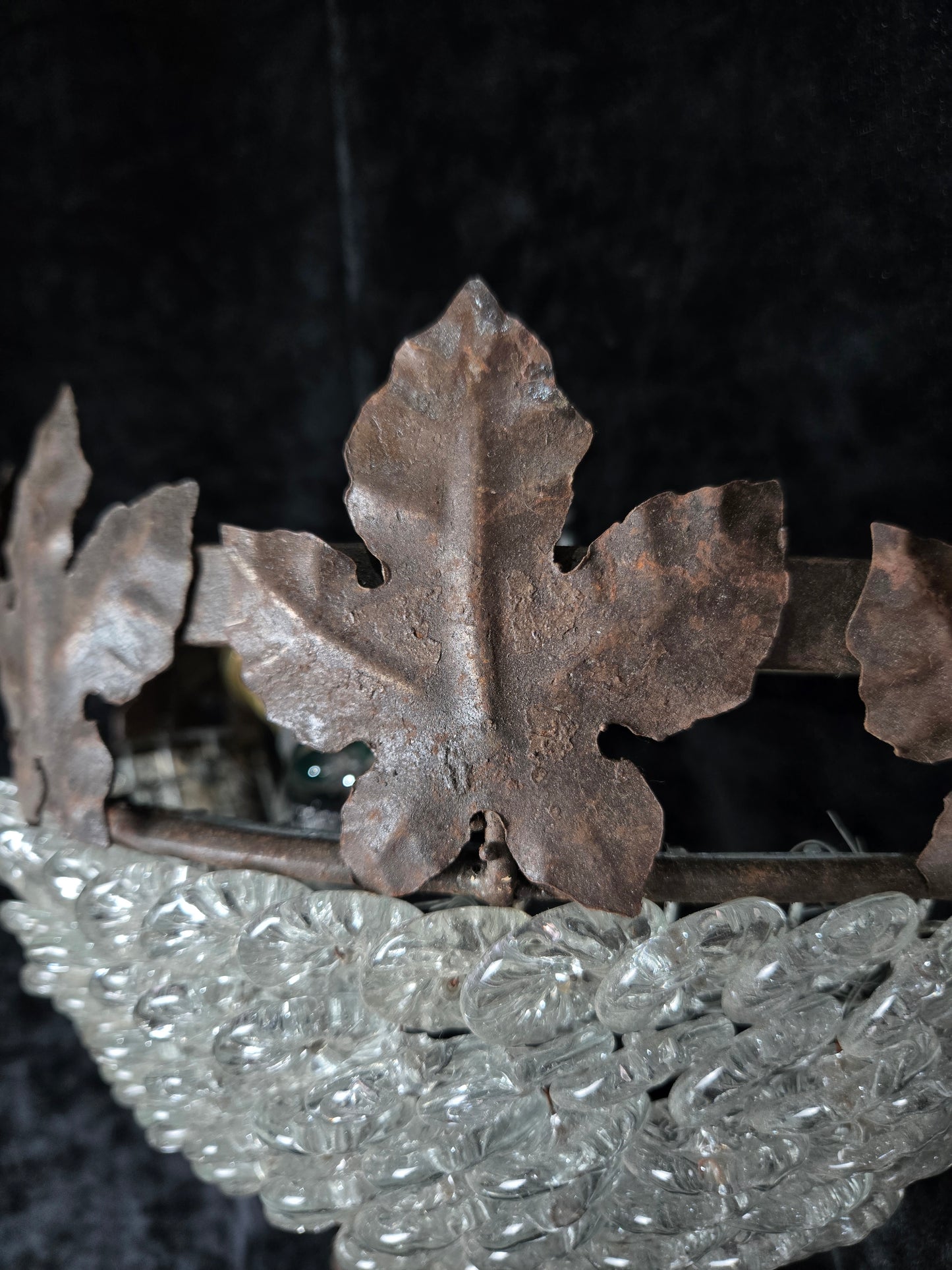 Fabulous Pair Vintage French Iron Murano Glass Basket Leaf Wall Lights Sconces