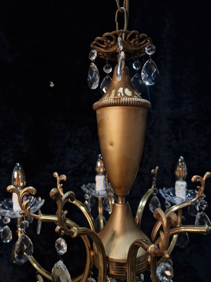 Fabulous Vintage Italian 8 Arm Brass and Crystal Leaf Chandelier Ceiling Light