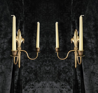 Decorative Pair Antique French Fleur De Lis Brass 2 Arm Candle Wall Lights