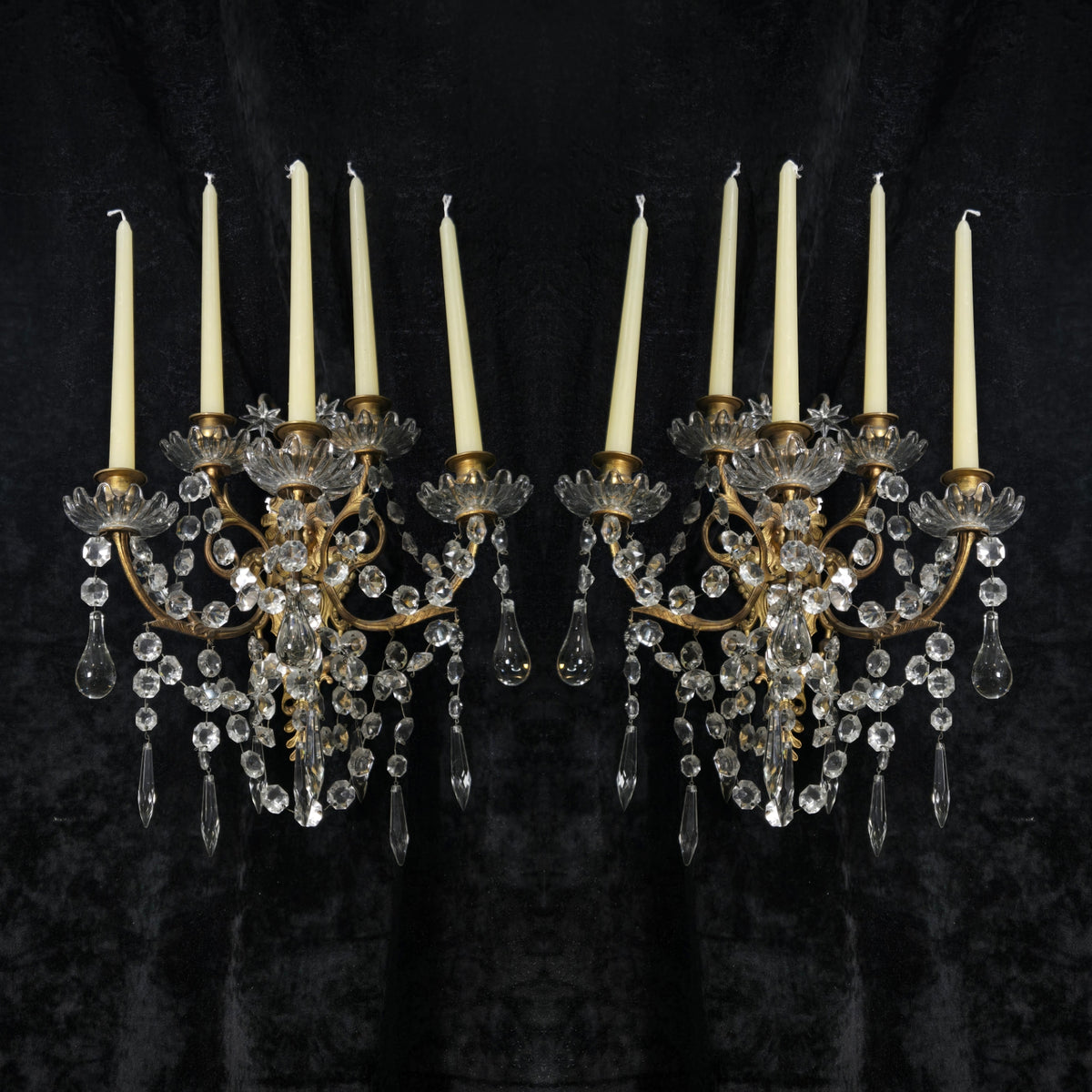 Rare Large Pair 1800s Antique Original Porteiux France Brass Candle Wall Lights