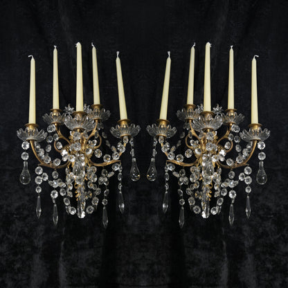 Rare Large Pair 1800s Antique Original Porteiux France Brass Candle Wall Lights