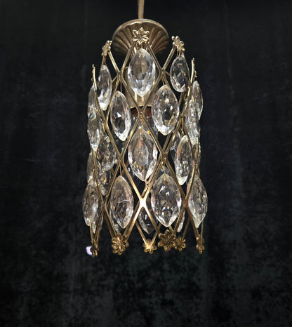 Unique Vintage Italian 1 Light Brass Small Cylinder Crystal Caged Chandelier