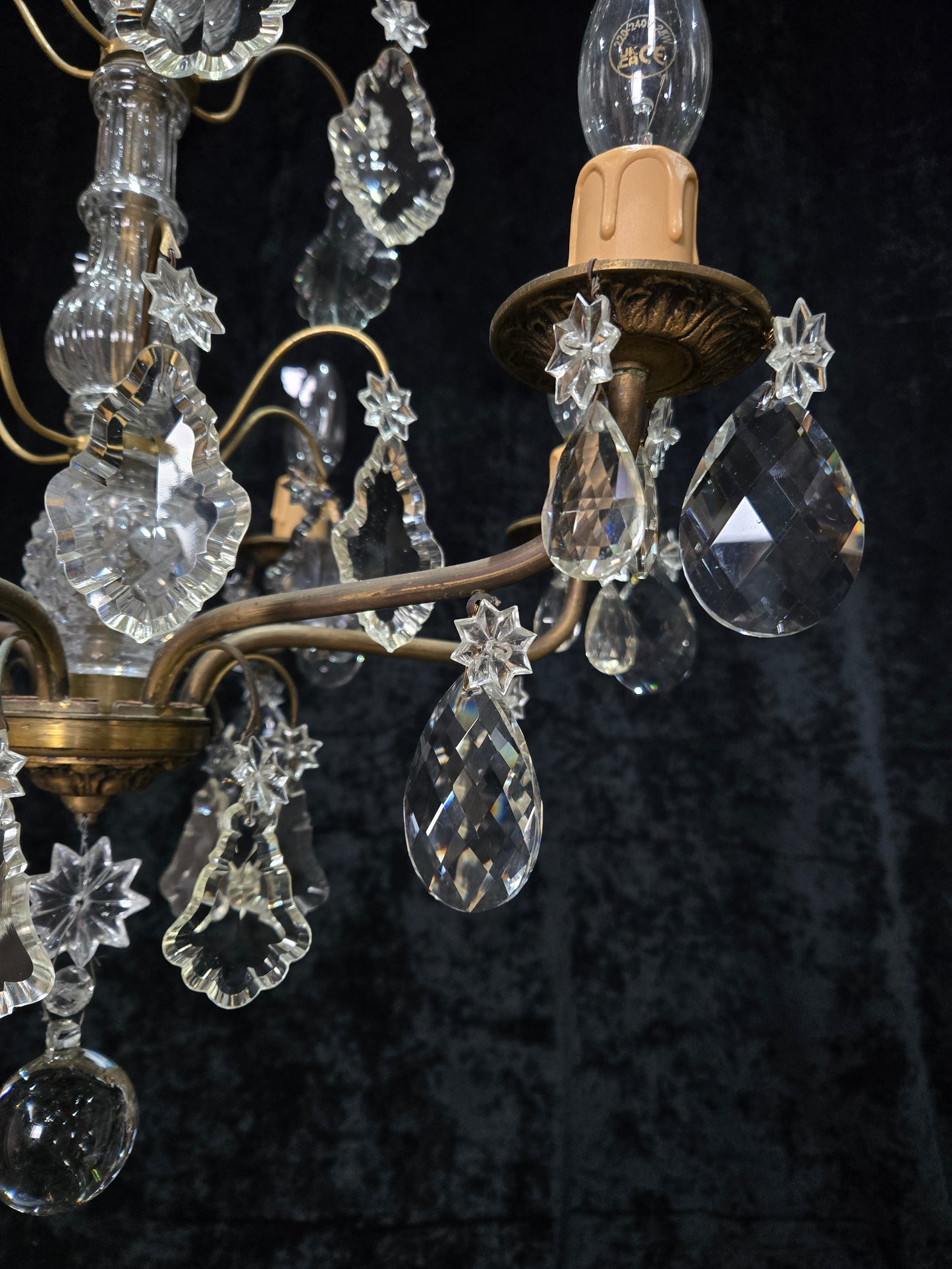 Beautiful Antique French 6 Arm Brass 3 Tier Crystal Chandelier Ceiling Light