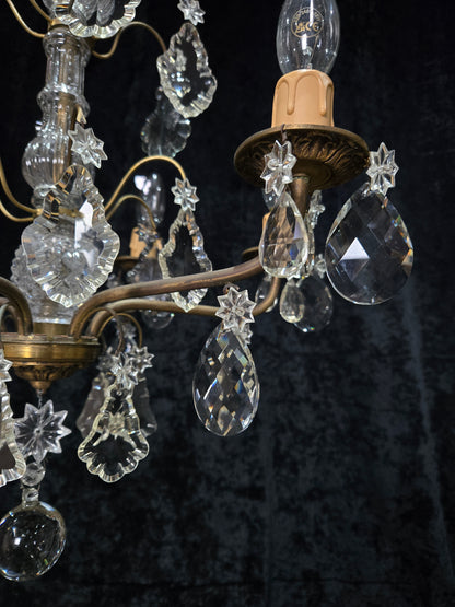 Beautiful Antique French 6 Arm Brass 3 Tier Crystal Chandelier Ceiling Light