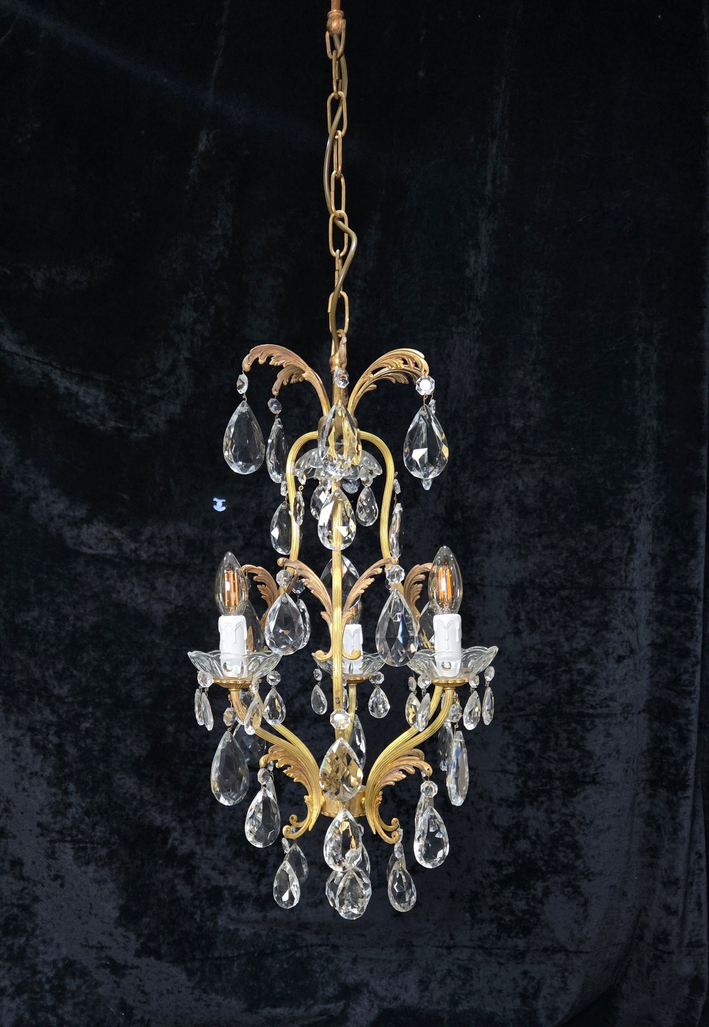 Beautiful Vintage Italian 3 Arm Brass Crystal Cage Leaf Chandelier Ceiling Light