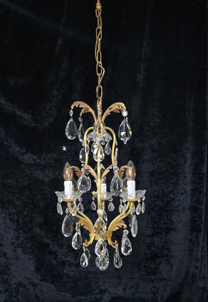 Beautiful Vintage Italian 3 Arm Brass Crystal Cage Leaf Chandelier Ceiling Light