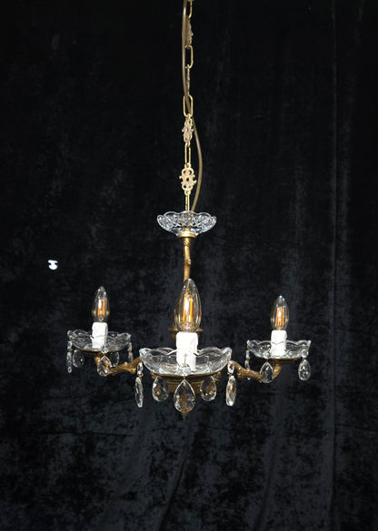 Lovely Vintage French 3 Arm Brass Foliage Crystal Chandelier Ceiling Light