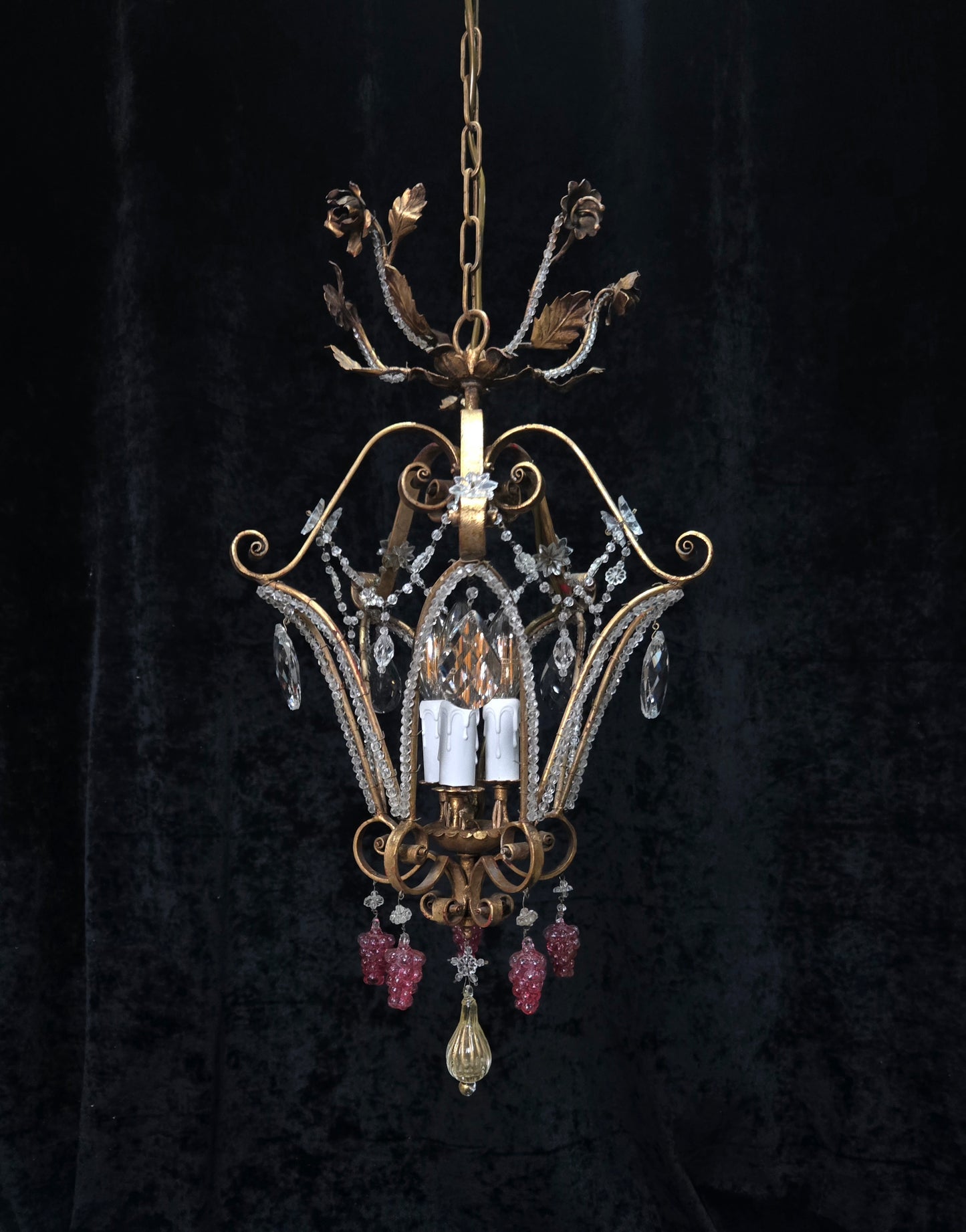 Fabulous Vintage Italian 3 Arm Caged Florentine Flower Crystal Chandelier Light