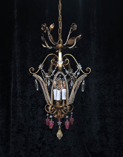 Fabulous Vintage Italian 3 Arm Caged Florentine Flower Crystal Chandelier Light