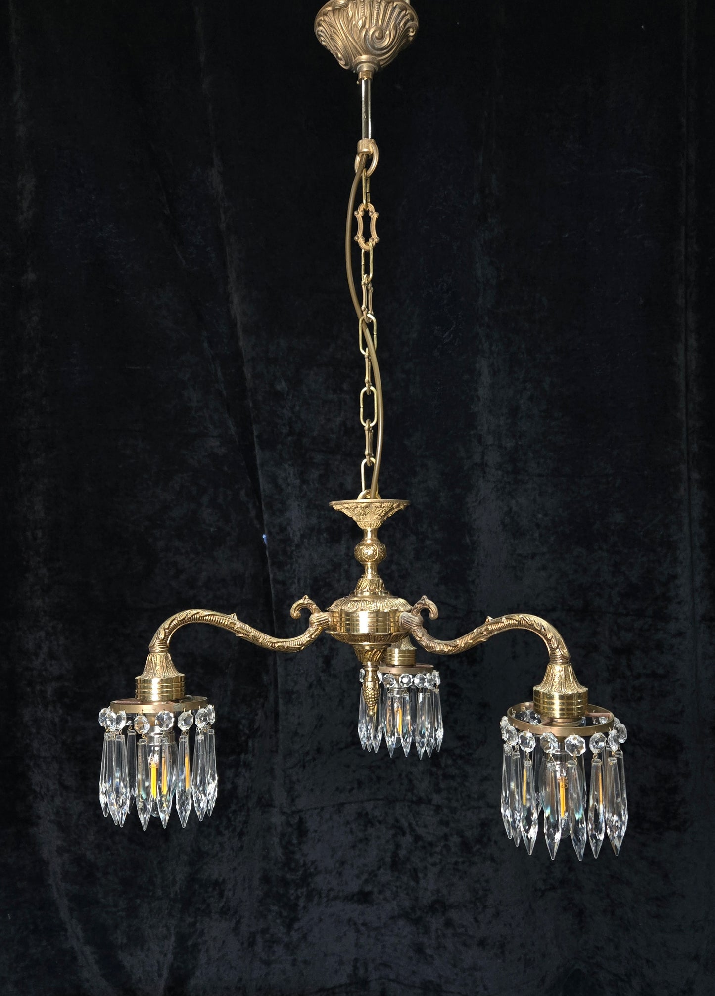 Lovely Vintage Italian 3 Arm Brass Crystal Chandelier Ceiling Light