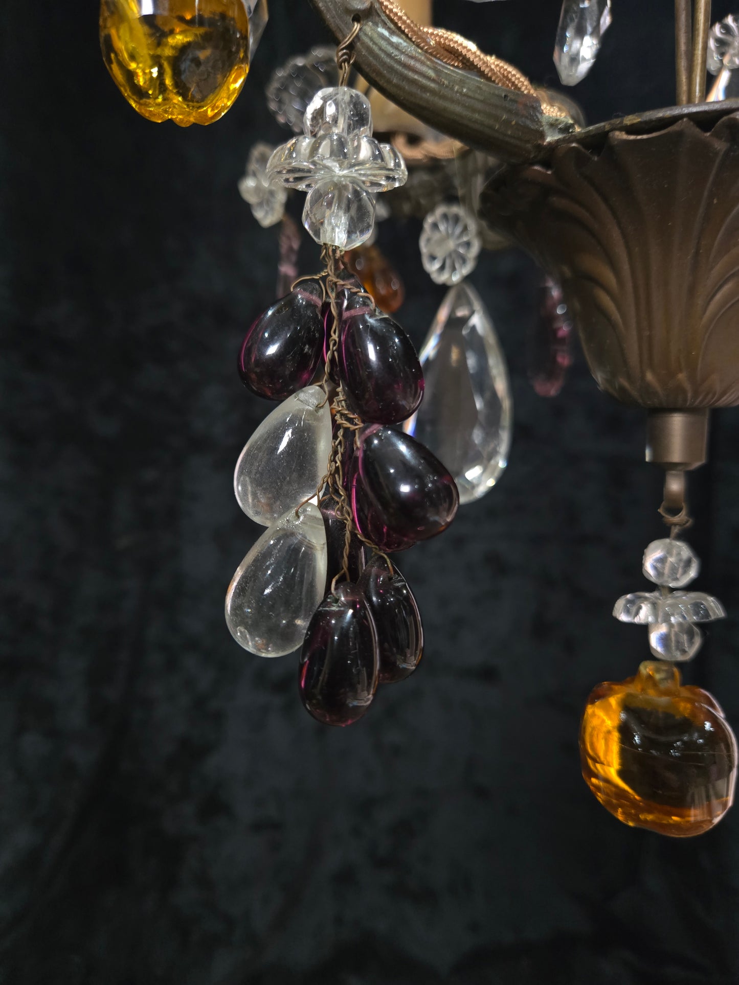 Fabulous Antique French 2 Arm Caged Murano Crystal Brass Chandelier Light