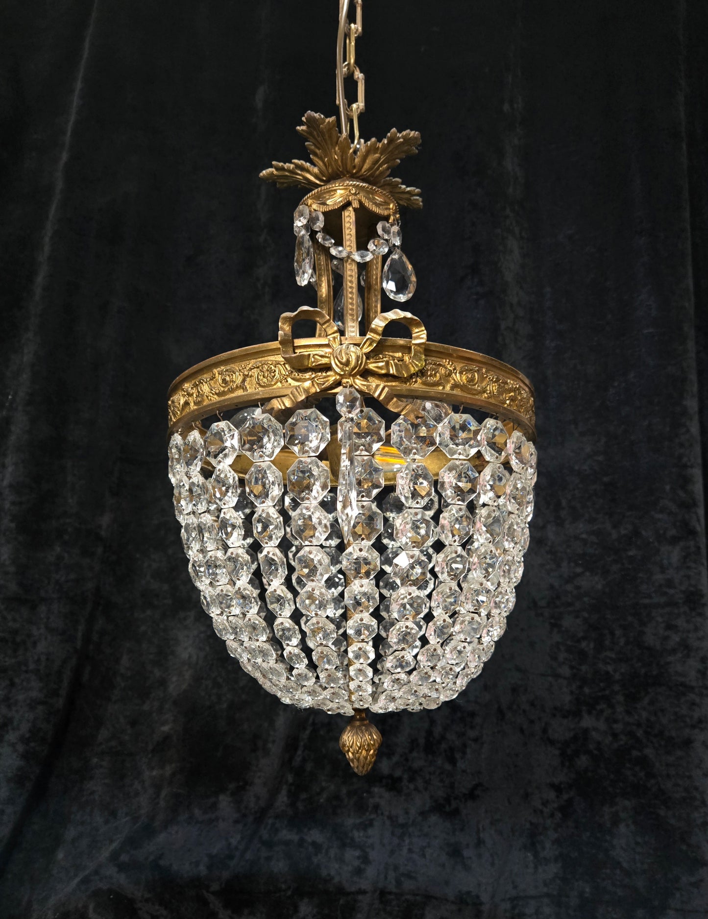 Traditional Antique French 3 Light Brass Bronze Crystal Empire Chandelier