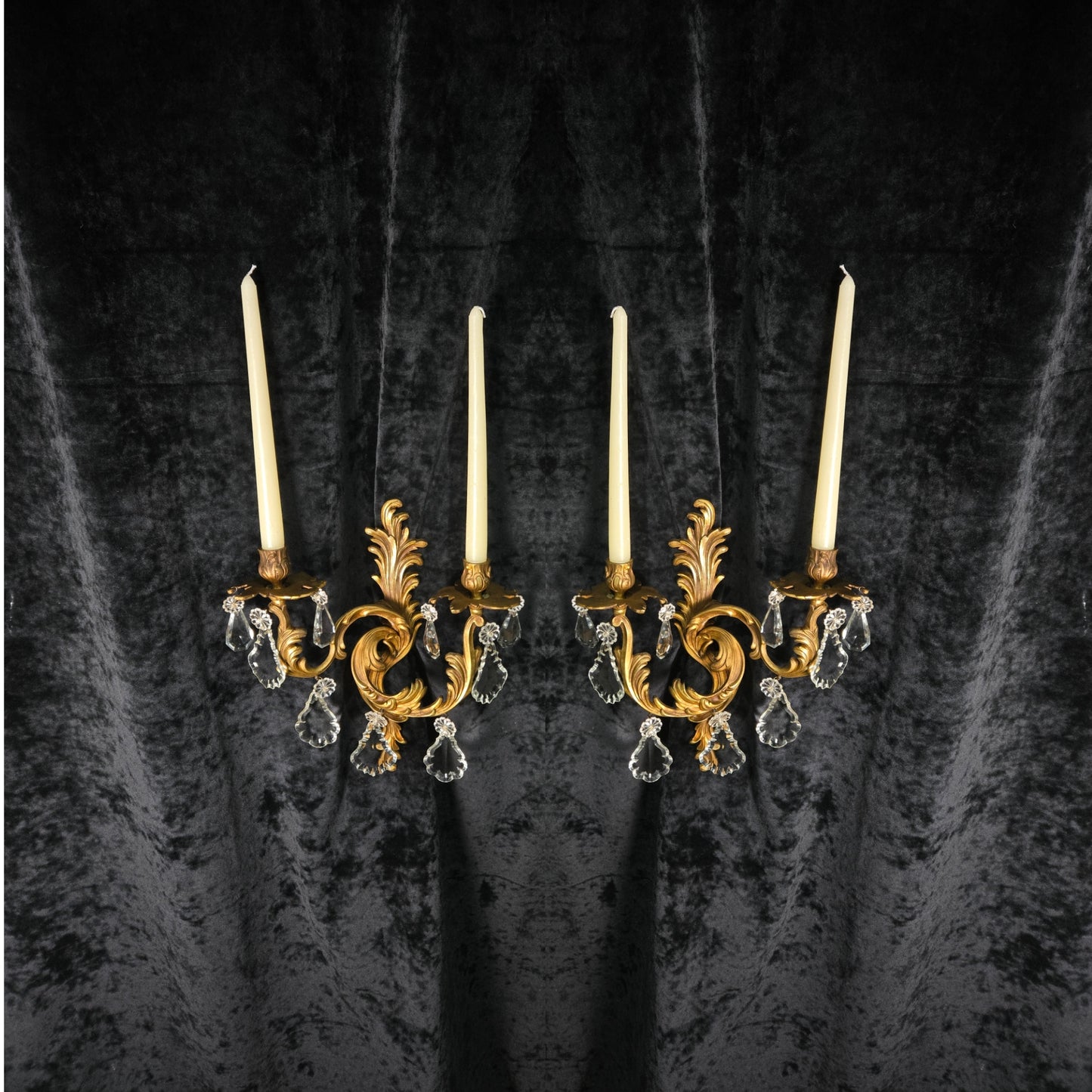 Fabulous Pair Antique French Heavy Gilt Bronze 2 Arm Crystal Candle Wall Lights