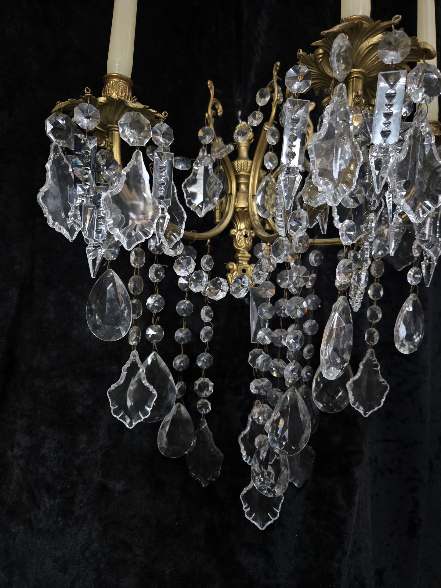 Superb Pair Large Vintage Italian Gilded Brass 3 Arm Candle Crystal Wall Lights