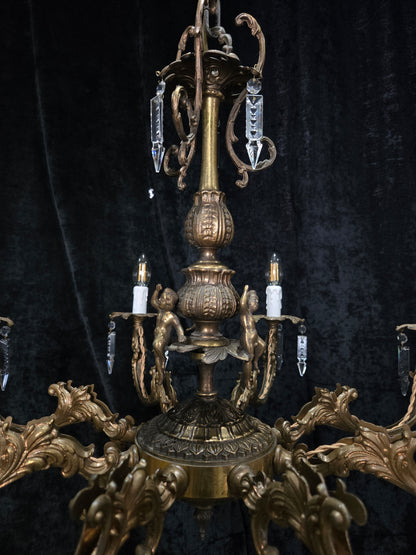 Fabulous Vintage Italian 8 Arm Large Brass Crystal Cherub Chandelier Light