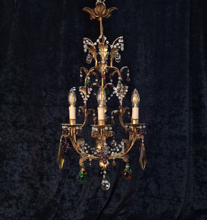 Fabulous Vintage Italian 6 Arm Caged Tole Murano Fruits Chandelier Light