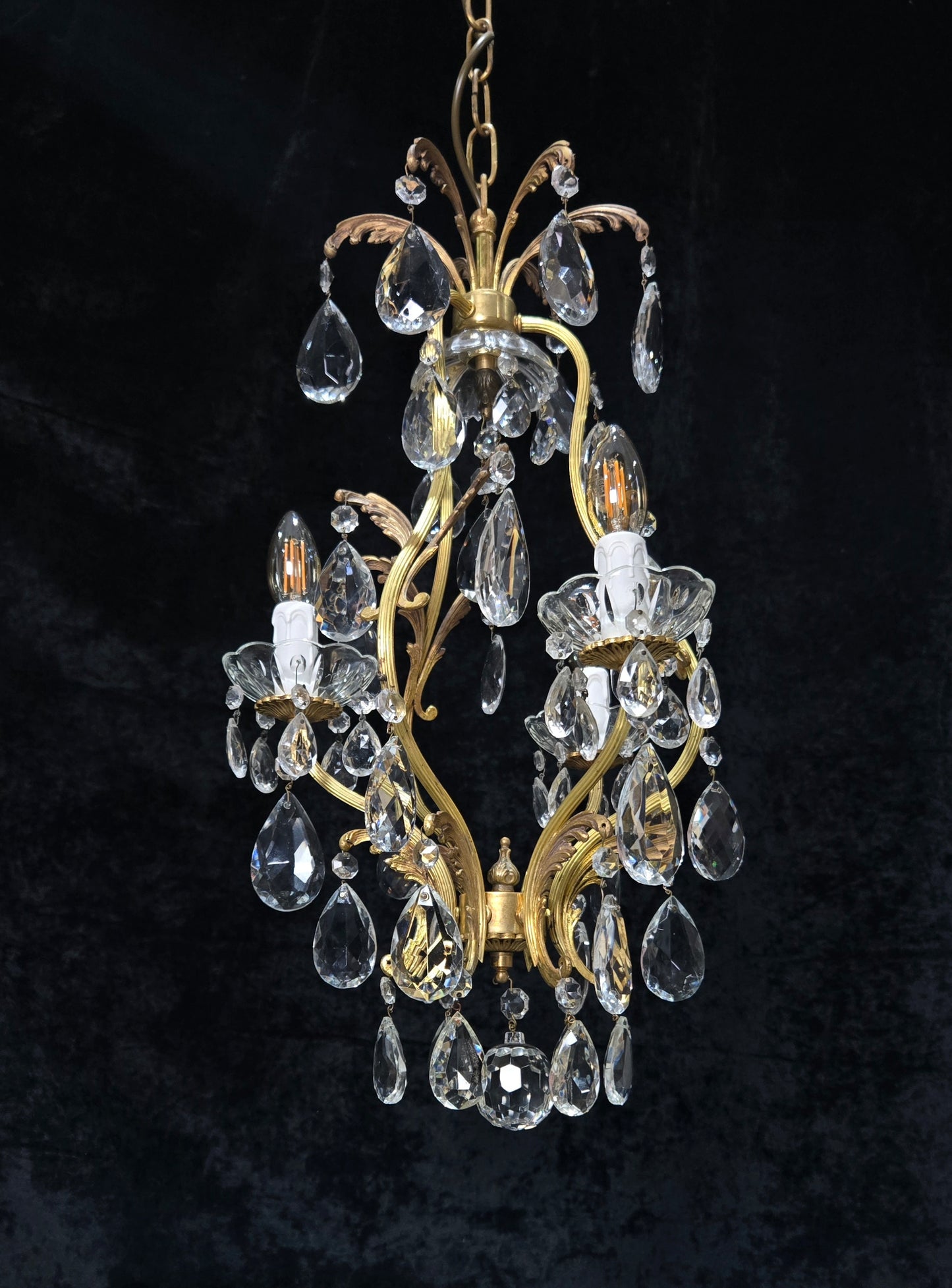Beautiful Vintage Italian 3 Arm Brass Crystal Cage Leaf Chandelier Ceiling Light