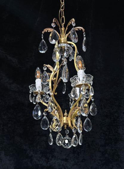 Beautiful Vintage Italian 3 Arm Brass Crystal Cage Leaf Chandelier Ceiling Light