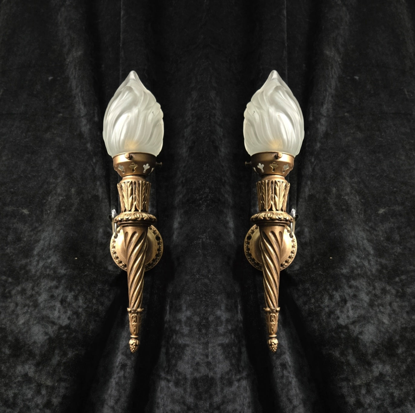 Decorative Pair Vintage Italian Gilded Torchere Wall Lights Sconces Flame Shades