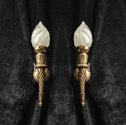 Decorative Pair Vintage Italian Gilded Torchere Wall Lights Sconces Flame Shades