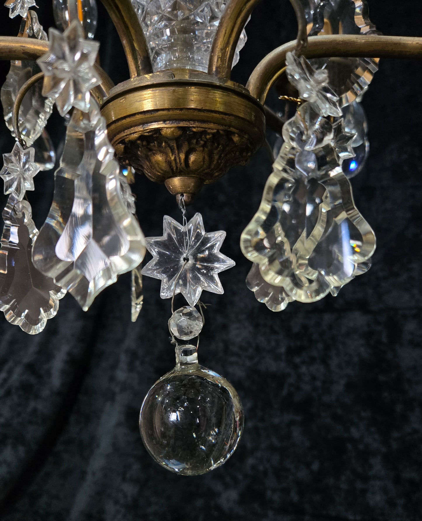 Beautiful Antique French 6 Arm Brass 3 Tier Crystal Chandelier Ceiling Light