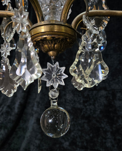 Beautiful Antique French 6 Arm Brass 3 Tier Crystal Chandelier Ceiling Light