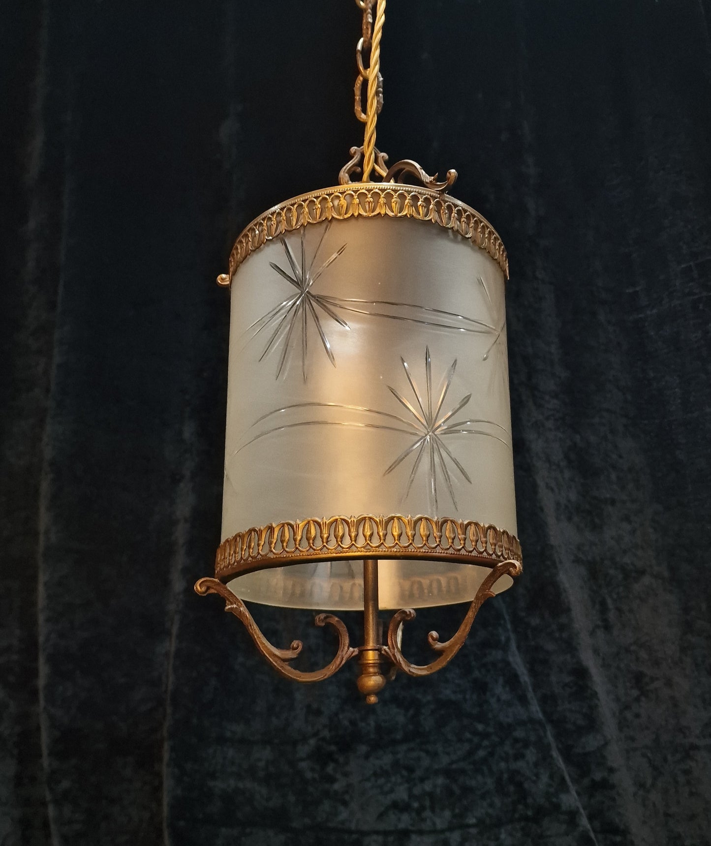 Classical Vintage Italian Cylinder Cut Glass Starburst Brass 3 Light Lantern