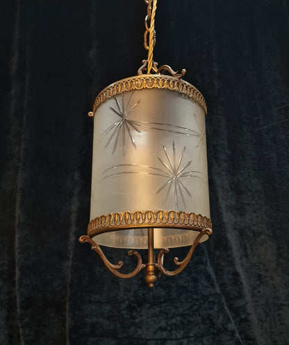 Classical Vintage Italian Cylinder Cut Glass Starburst Brass 3 Light Lantern