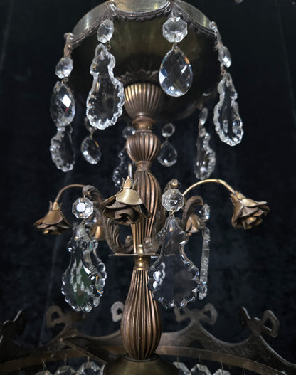 Beautiful Vintage Italian Brass 3 Light Crystal Bag Bows and Roses Chandelier