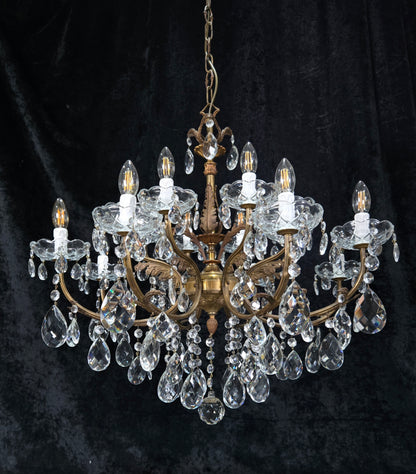 Fabulous Large Vintage Italian Heavy 8 Arm 16 Light Brass Crystal Chandelier