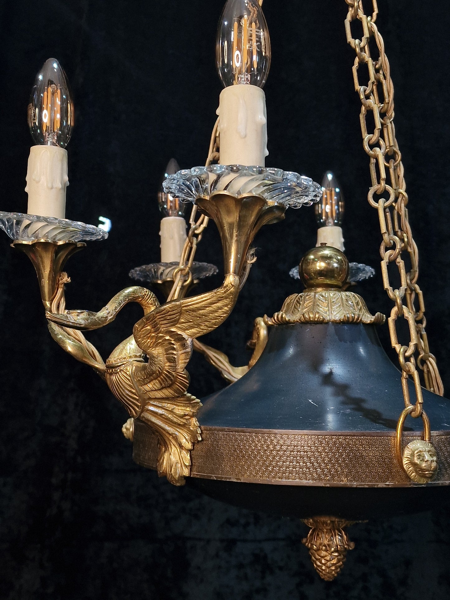 Stately Heavy Vintage French 6 Light Brass Empire Swans Lionheads Chandelier