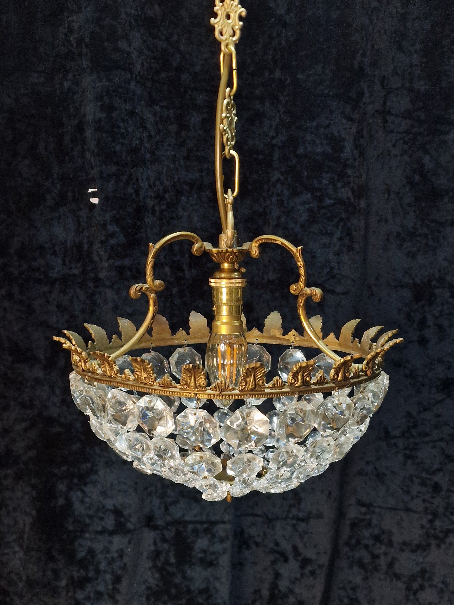 Lovely Vintage French 1 Light Half Bag Crystal Basket Brass Chandelier Light