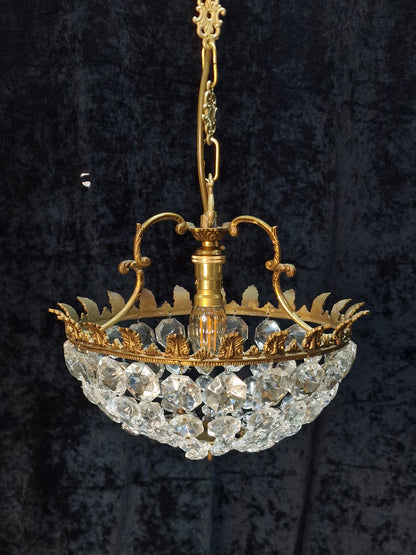 Lovely Vintage French 1 Light Half Bag Crystal Basket Brass Chandelier Light