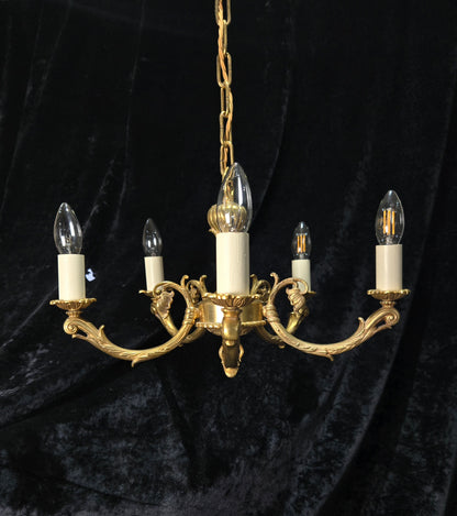 Traditional Vintage French 5 Arm Heavy Brass Flower Bud Chandelier ceiling Light