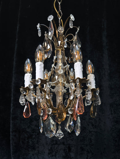 Beautiful Antique Italian 6 Arm Brass Crystal Cage Chandelier Ceiling Light