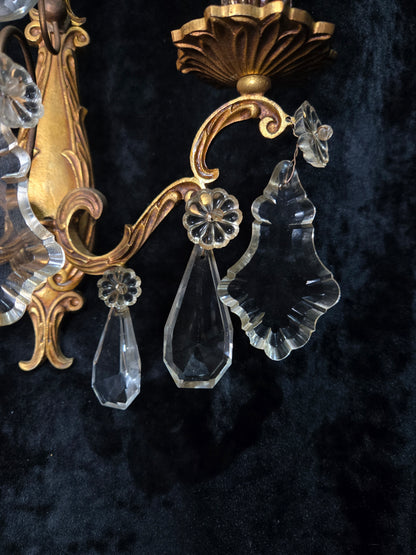 Beautiful Pair Antique French Gilt Bronze Brass 2 Arm Crystal Candle Wall Lights