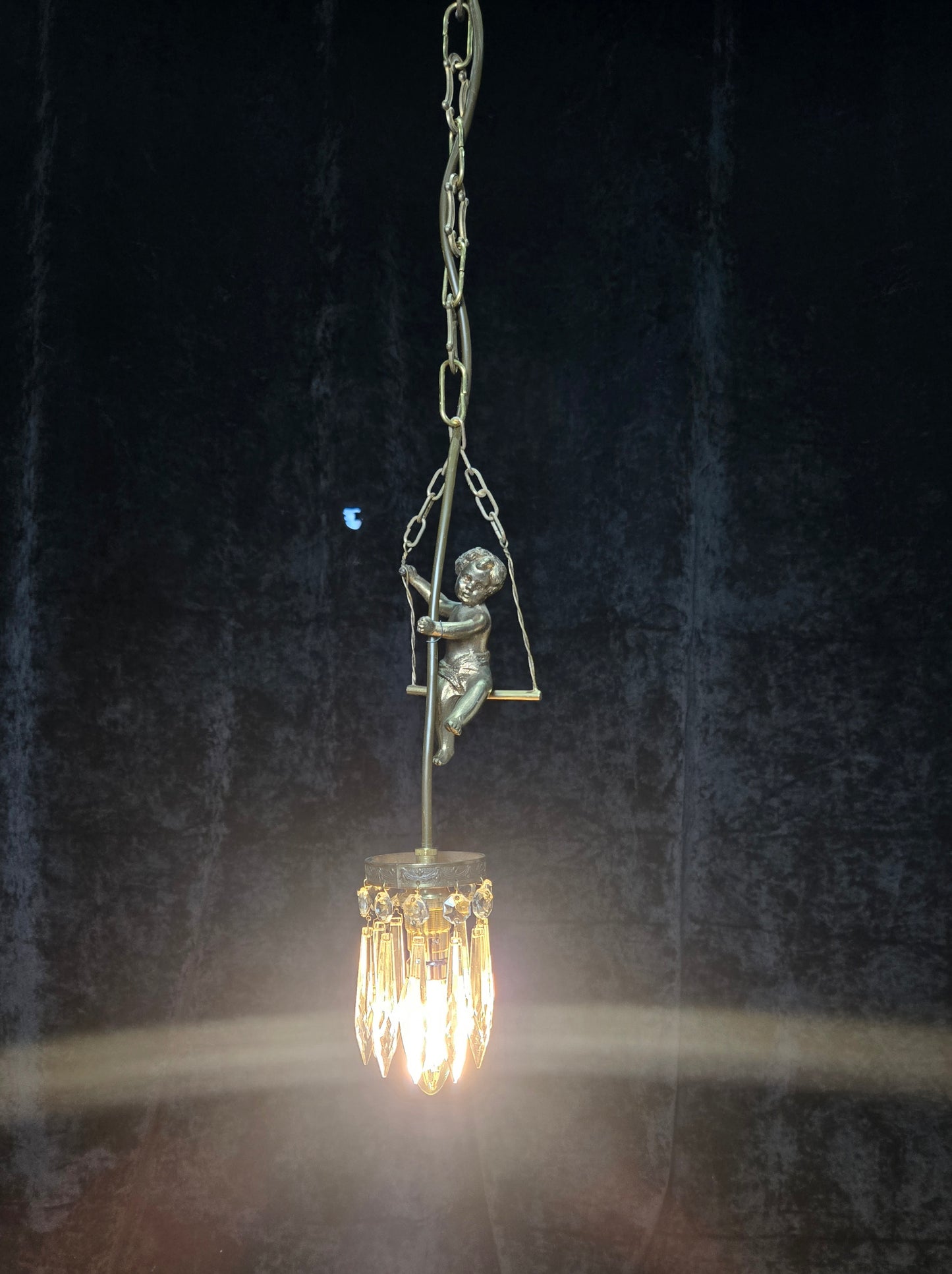 Beautiful Petite Vintage French Brass Cherub Crystal Chandelier Ceiling Light