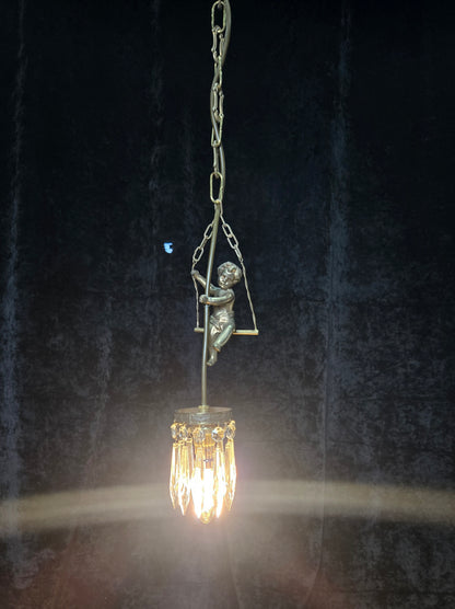 Beautiful Petite Vintage French Brass Cherub Crystal Chandelier Ceiling Light