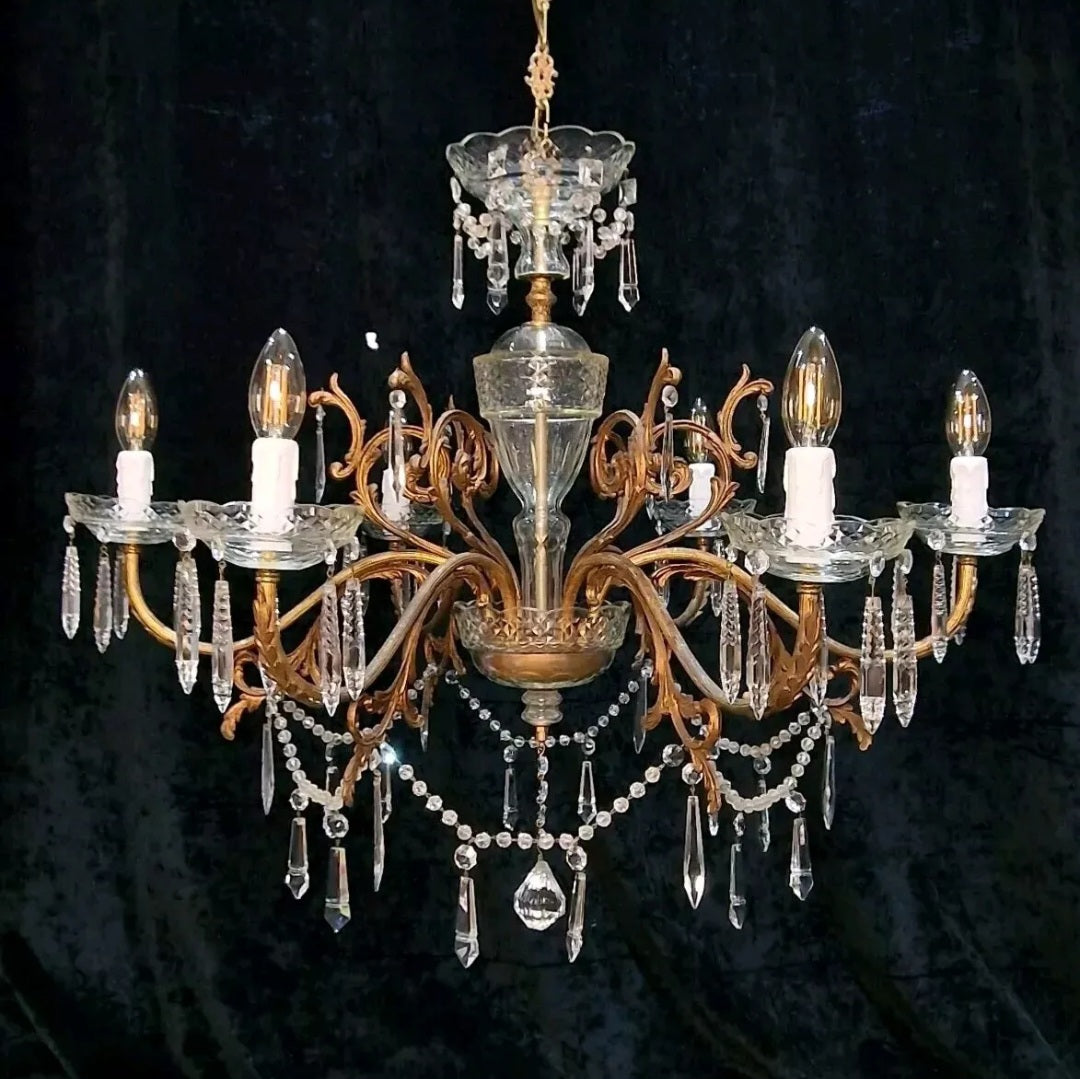 Stunning Large Vintage Italian 6 Arm Brass Crystal and Glass Chandelier Light