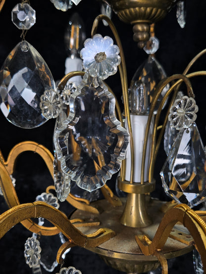 Gorgeous Antique French 6 Arm 7 Light Brass Bronze Cage Crystal Chandelier Light