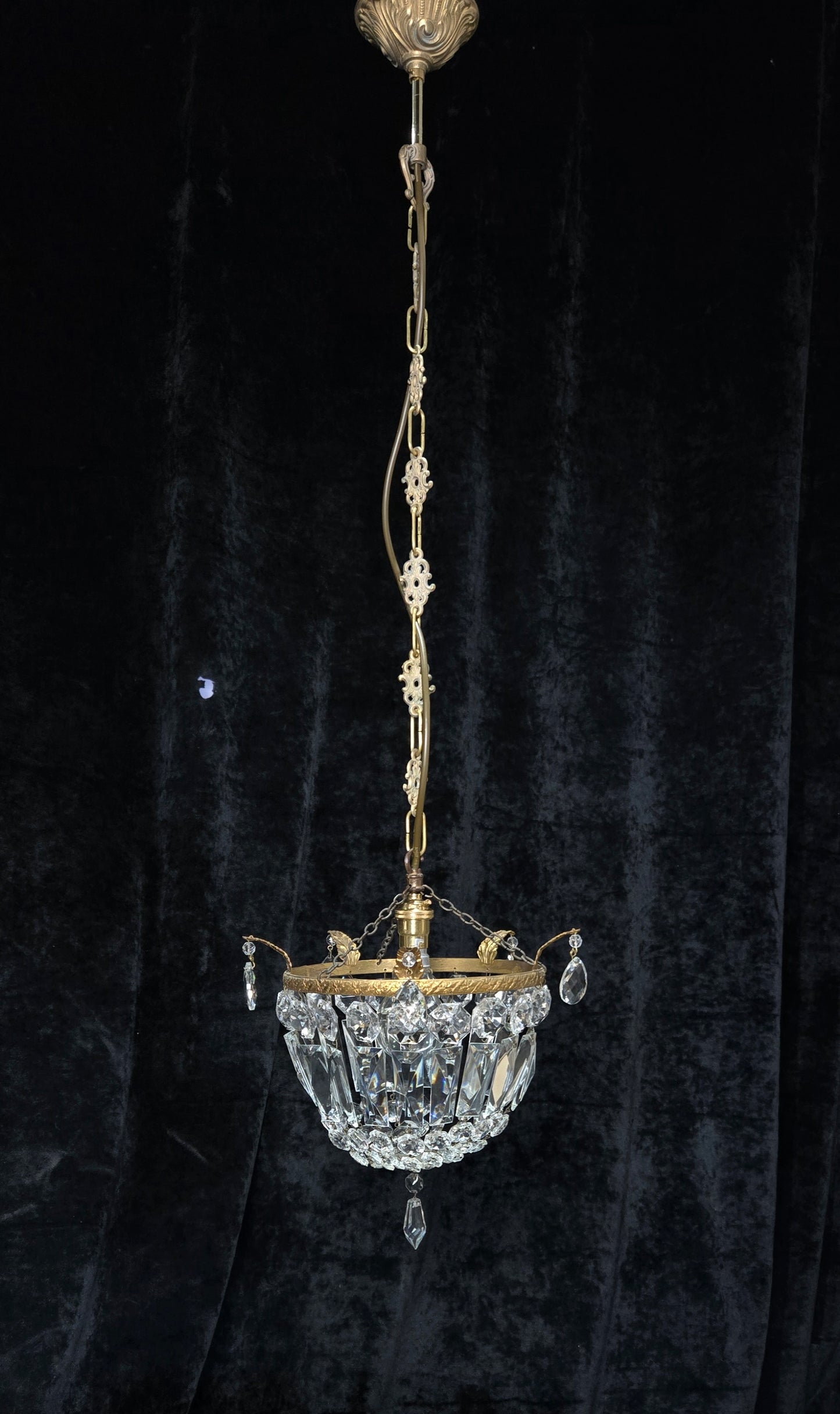 Beautiful Antique French Crystal Half Bag Brass Leaf Chandelier Ceiling Light