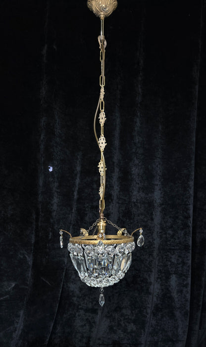 Beautiful Antique French Crystal Half Bag Brass Leaf Chandelier Ceiling Light