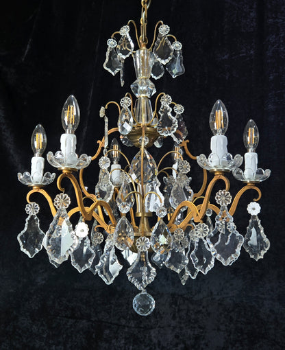 Gorgeous Antique French 6 Arm 7 Light Brass Bronze Cage Crystal Chandelier Light