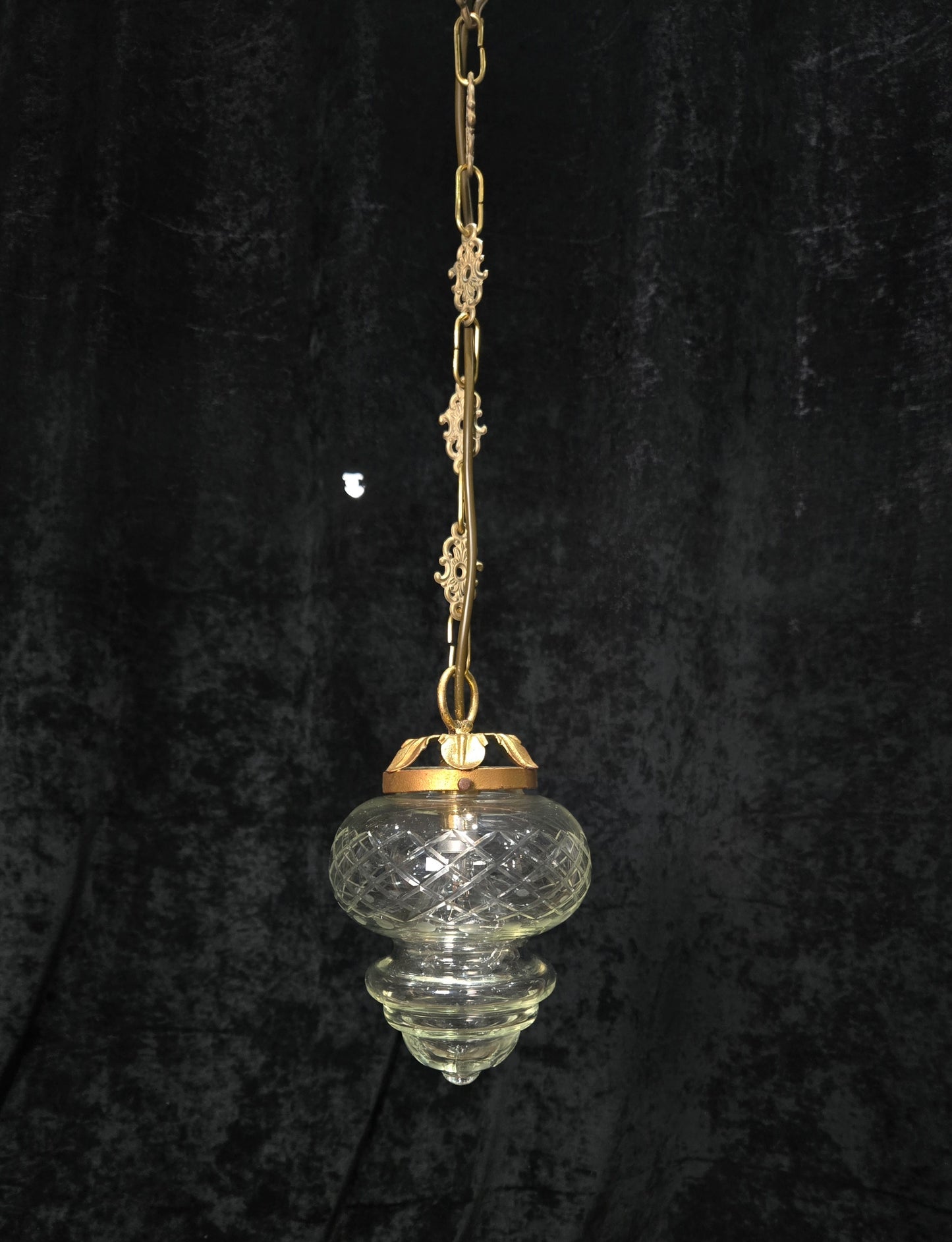 Lovely Vintage Clear Cut Glass Brass Hall Lantern Pendant Light